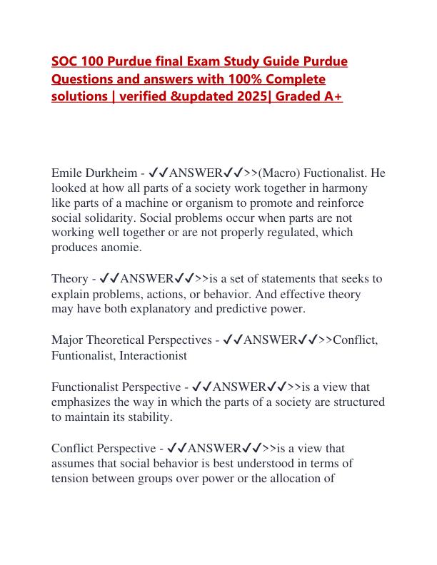 SOC 100 Purdue final Exam Study Guide Purdue Questions and answers with 100.pdf