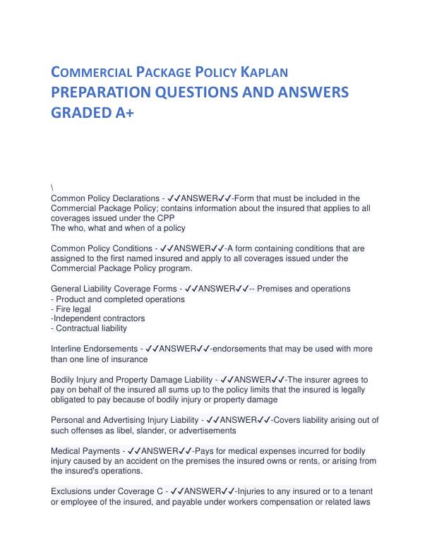 Commercial Package Policy Kaplan PREPARATION QUESTIONS AND ANSWERS GRADED A.pdf