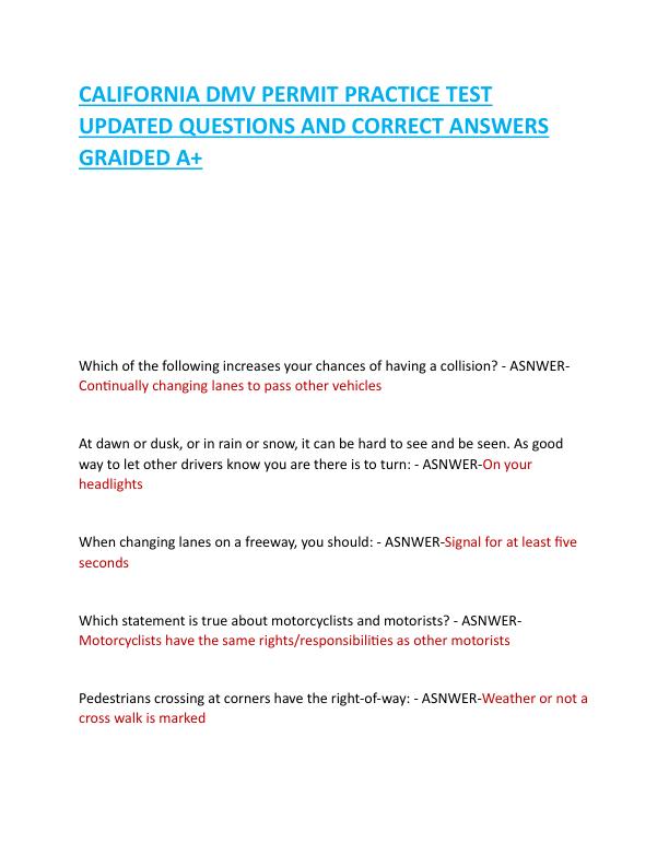 CALIFORNIA DMV PERMIT PRACTICE TEST UPDATED QUESTIONS AND CORRECT ANSWERS GRAIDED A.pdf