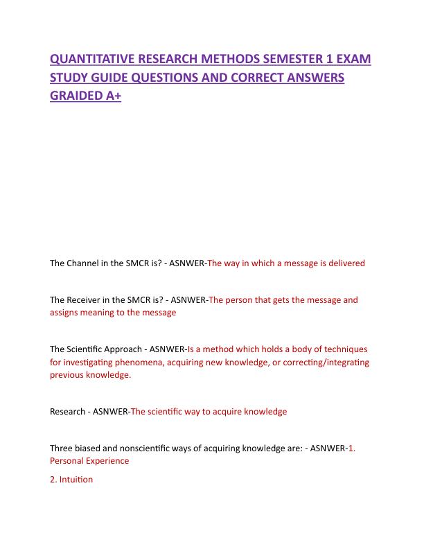 QUANTITATIVE RESEARCH METHODS SEMESTER 1 EXAM STUDY GUIDE QUESTIONS AND CORRECT ANSWERS GRAIDED A.pdf