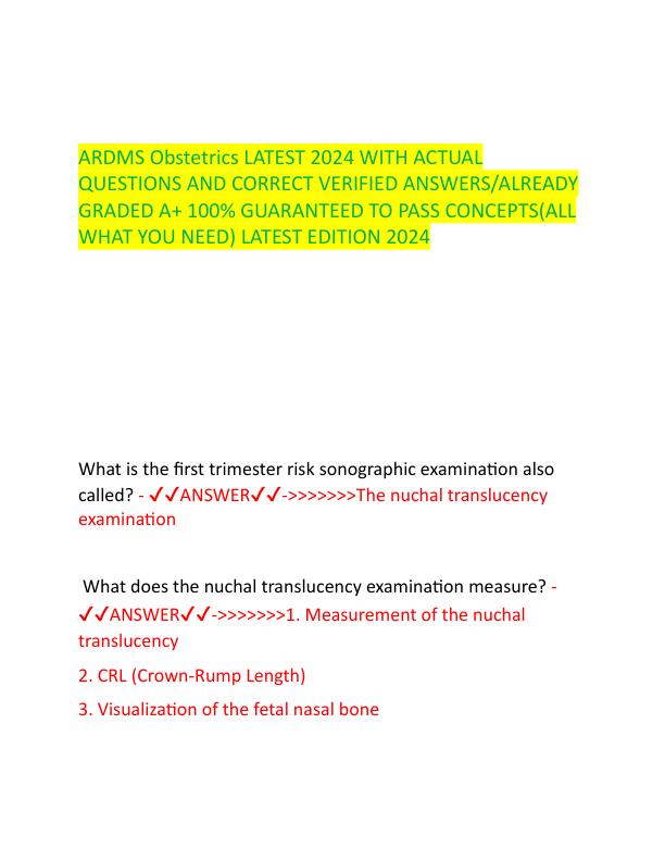 ARDMS Obstetrics LATEST 2024 WITH ACTUAL QUESTIONS AND CORRECT VERIFIED ANSWERS.pdf