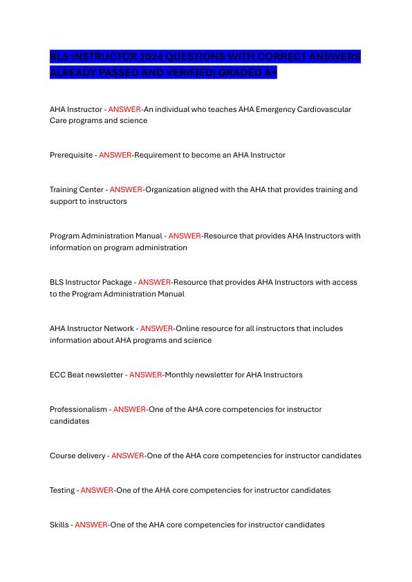 BLS INSTRUCTOR 2024 QUESTIONS WITH CORRECT ANSWERS ALREADY PASSED AND VERIFIED.pdf