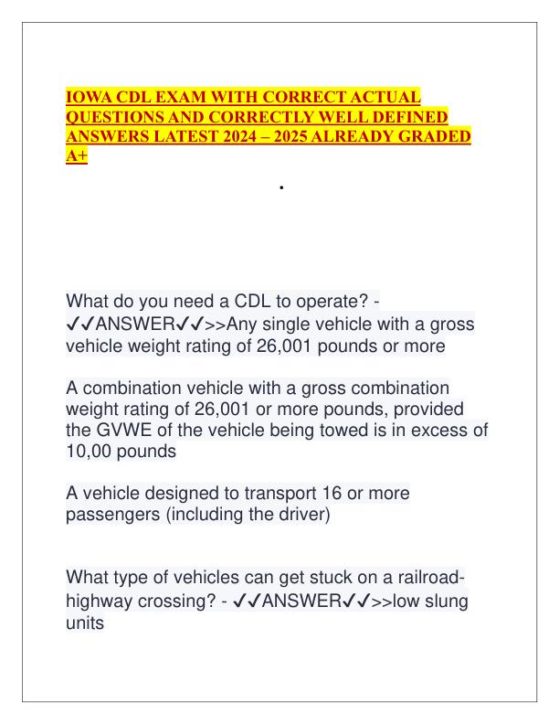 IOWA CDL EXAM WITH CORRECT ACTUAL QUESTIONS AND CORRECTLY WELL DEFINED ANSWERS LATEST 2024.pdf