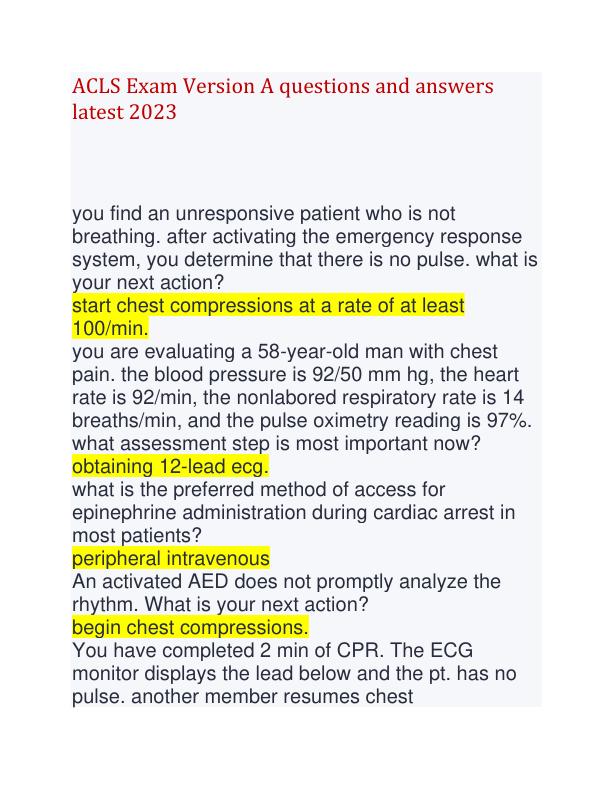 ACLS Exam Version A questions and answers latest 2023.pdf