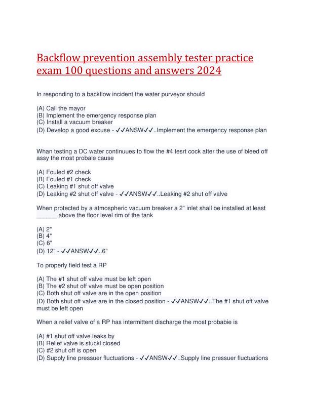 Backflow prevention assembly tester practice exam 100 questions and answers 2024.pdf