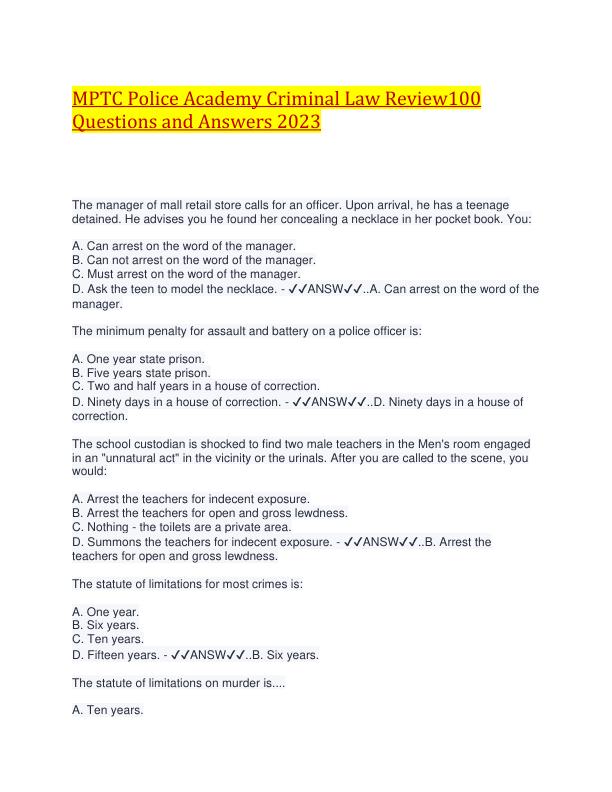 MPTC Police Academy Criminal Law Review100 Questions and Answers 2023.pdf