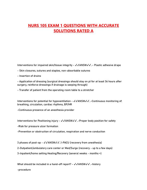 NURS 105 EXAM 1 QUESTIONS WITH ACCURATE SOLUTIONS RATED A.pdf