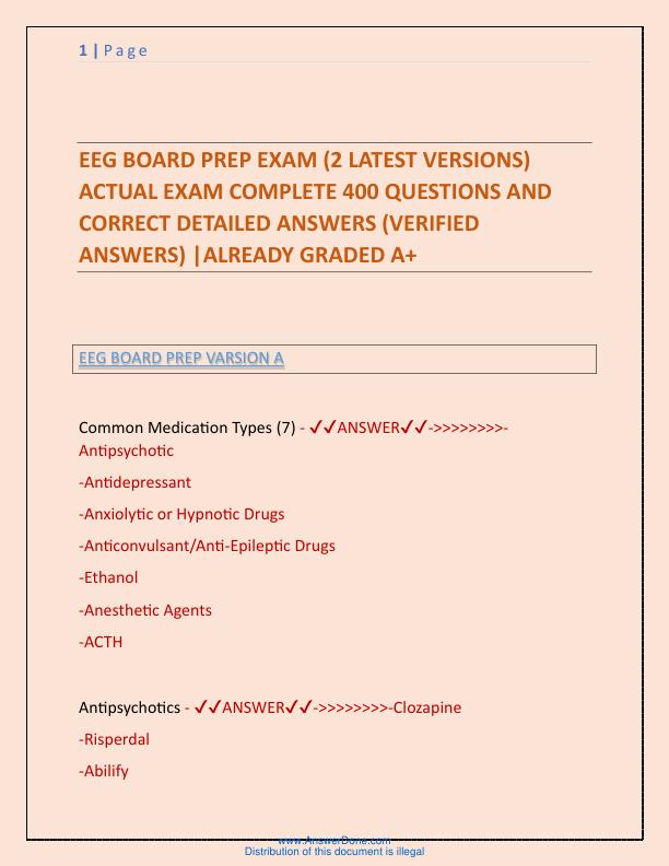 EEG BOARD PREP EXAM (2 LATEST VERSIONS) ACTUAL EXAM COMPLETE 400 QUESTIONS AND CORRECT DETAILED ANSWERS (VERIFIED ANSWERS) |ALREADY GRADED A+