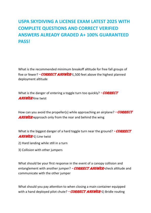 USPA SKYDIVING A LICENSE EXAM LATEST 2025 WITH COMPLETE QUESTIONS AND CORRECT VERIFIED ANSWERS ALREADY GRADED A+ 100% GUARANTEED  PASS!           