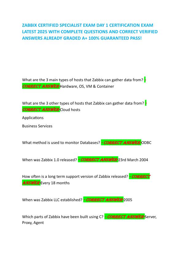 ZABBIX CERTIFIED SPECIALIST EXAM DAY 1 CERTIFICATION EXAM  LATEST 2025 WITH COMPLETE QUESTIONS AND CORRECT VERIFIED ANSWERS ALREADY GRADED A+ 100% GUARANTEED PASS!           