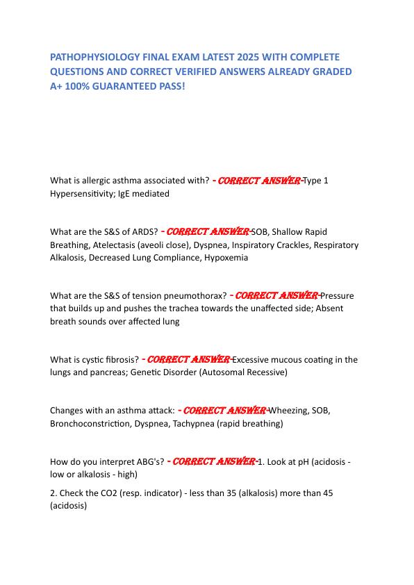 PATHOPHYSIOLOGY FINAL EXAM LATEST 2025 WITH COMPLETE QUESTIONS AND CORRECT VERIFIED ANSWERS ALREADY GRADED A+ 100% GUARANTEED PASS!          
