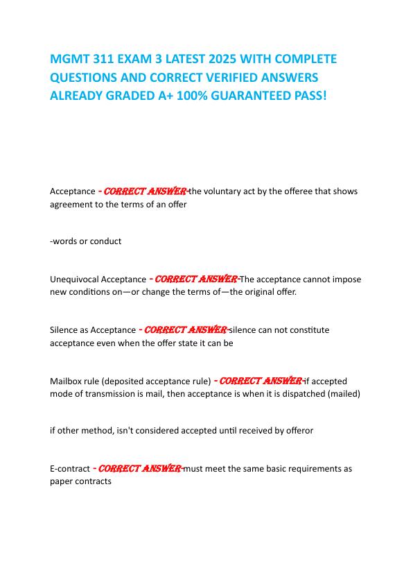 MGMT 311 EXAM 3 LATEST 2025 WITH COMPLETE QUESTIONS AND CORRECT VERIFIED ANSWERS ALREADY GRADED A+ 100% GUARANTEED PASS!             