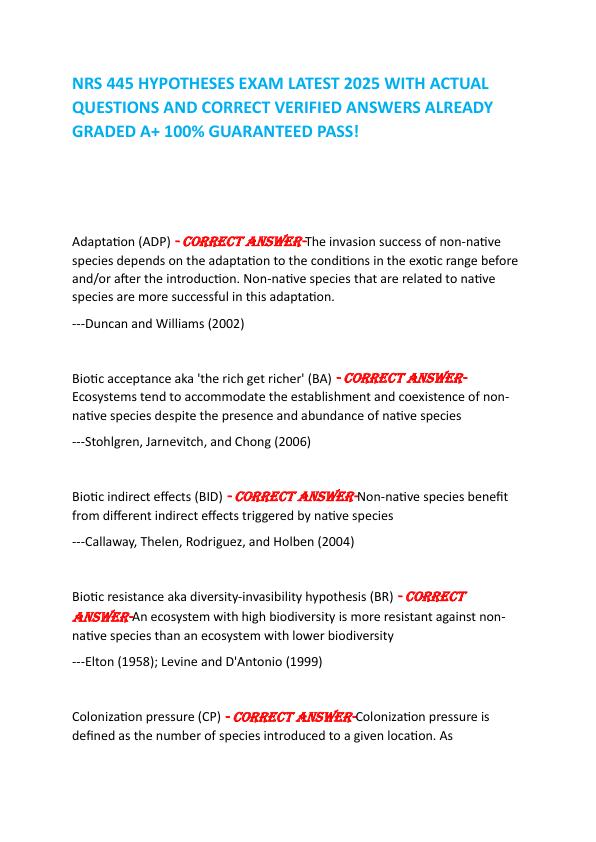 NRS 445 HYPOTHESES EXAM LATEST 2025 WITH ACTUAL QUESTIONS AND CORRECT VERIFIED ANSWERS ALREADY GRADED A+ 100% GUARANTEED PASS!           