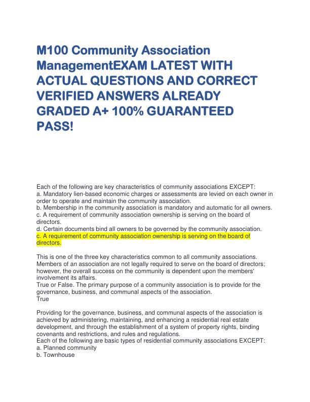 M100 Community Association ManagementEXAM LATEST WITH ACTUAL QUESTIONS AND CORRECT VERIFIED ANSWERS ALREADY GRADED A.pdf