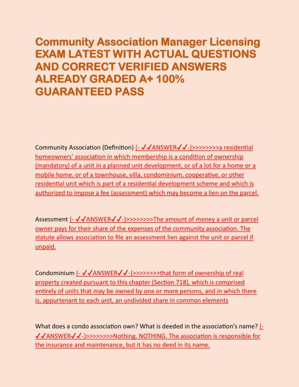 Community Association Manager Licensing EXAM LATEST WITH ACTUAL QUESTIONS AND CORRECT VERIFIED ANSWERS ALREADY GRADED A.pdf