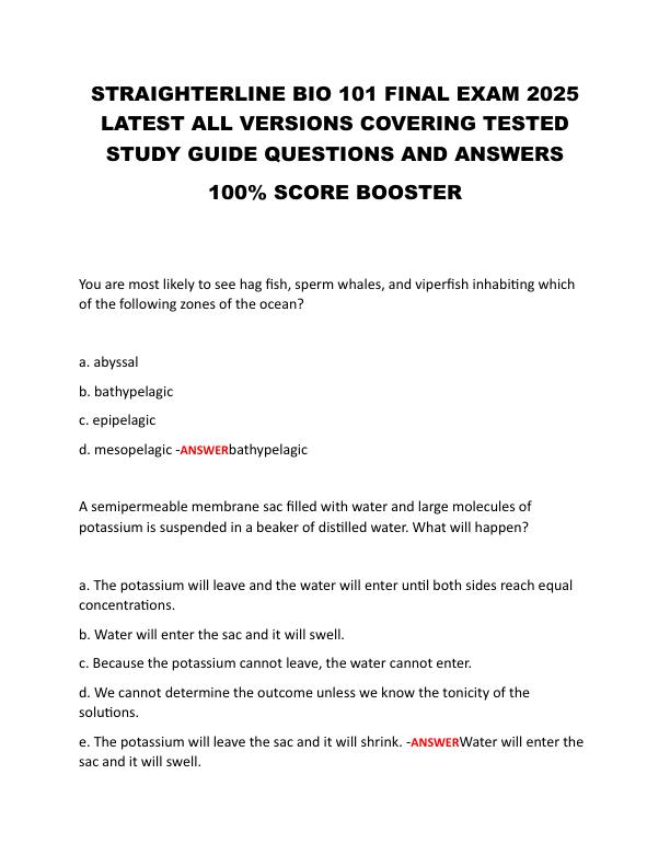 STRAIGHTERLINE BIO 101 FINAL EXAM 2025 LATEST ALL VERSIONS COVERING TESTED STUDY GUIDE QUESTIONS AND ANSWERS.pdf