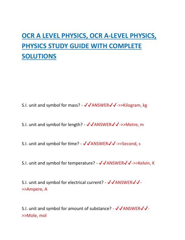 OCR A LEVEL PHYSICS, OCR A-LEVEL PHYSICS, PHYSICS STUDY GUIDE WITH COMPLETE SOLUTIONS