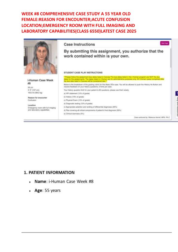 WEEK #8 COMPREHENSIVE CASE STUDY A 55 YEAR OLD FEMALE:REASON FOR ENCOUNTER;ACUTE CONFUSION LOCATION;EMERGENCY ROOM WITH FULL IMAGING AND LABORATORY CAPABILITIES(CLASS 6550)LATEST CASE 2025