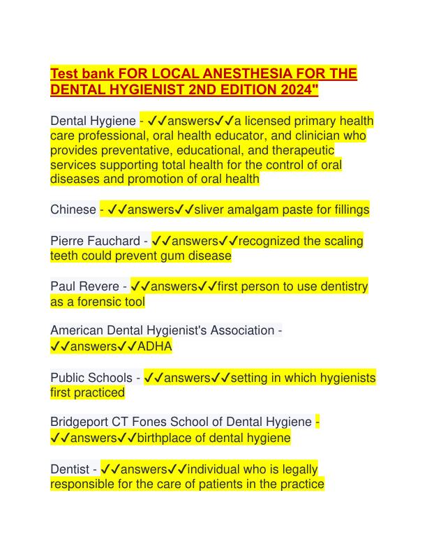 Test bank FOR LOCAL ANESTHESIA FOR THE DENTAL HYGIENIST 2ND EDITION 2024.pdf