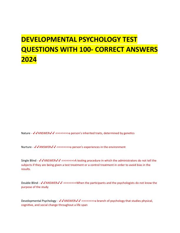 DEVELOPMENTAL PSYCHOLOGY TEST QUESTIONS WITH 100.pdf