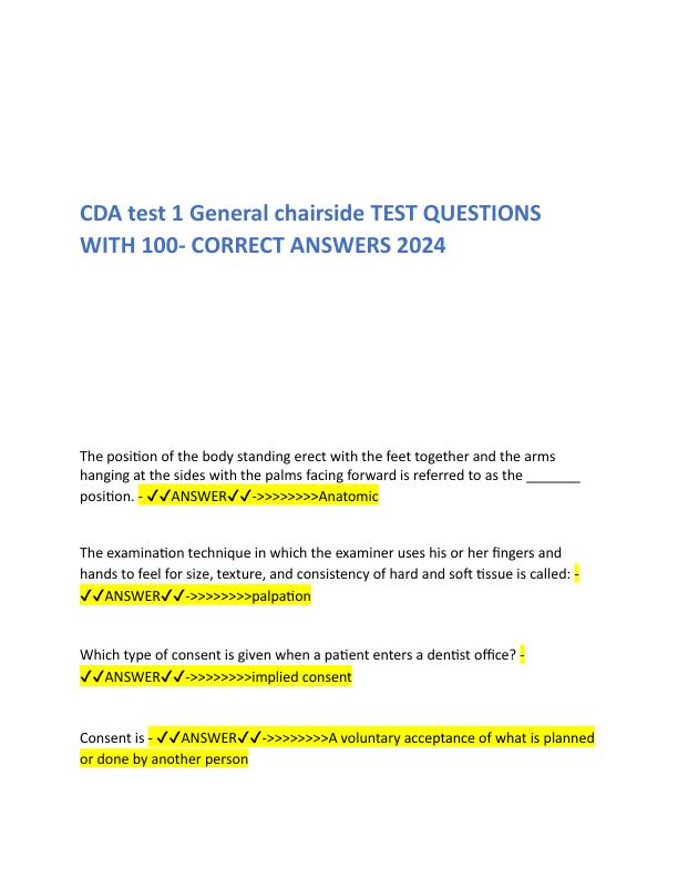 CDA test 1 General chairside TEST QUESTIONS WITH 100.pdf