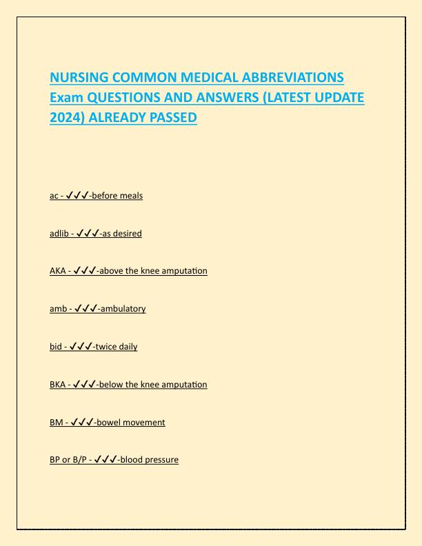 NURSING COMMON MEDICAL ABBREVIATIONS Exam QUESTIONS AND ANSWERS.pdf