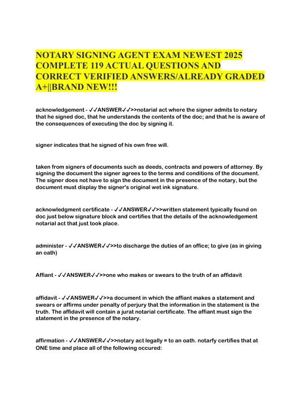 NOTARY SIGNING AGENT EXAM NEWEST 2025 COMPLETE 119 ACTUAL QUESTIONS AND CORRECT VERIFIED ANSWERS.pdf