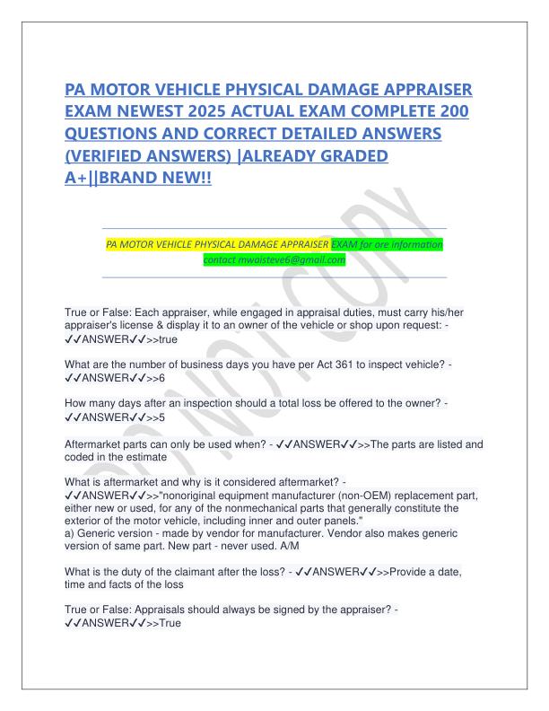 PA MOTOR VEHICLE PHYSICAL DAMAGE APPRAISER EXAM NEWEST 2025 ACTUAL EXAM COMPLETE 200 QUESTIONS AND CORRECT DETAILED ANSWERS.pdf