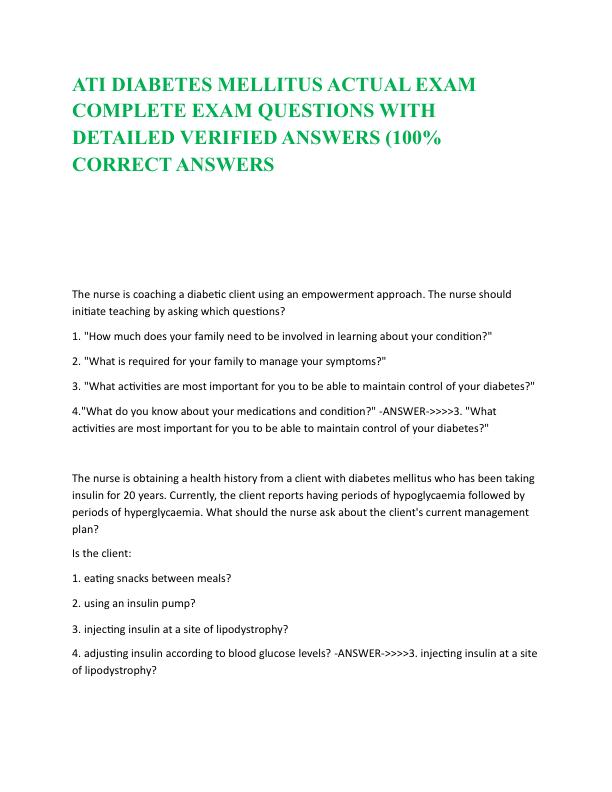 ATI DIABETES MELLITUS ACTUAL EXAM COMPLETE EXAM QUESTIONS WITH DETAILED VERIFIED ANSWERS.pdf