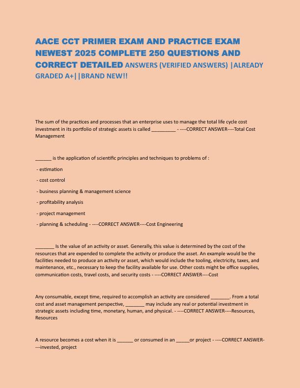 AACE CCT PRIMER EXAM AND PRACTICE EXAM NEWEST 2025 COMPLETE 250 QUESTIONS AND CORRECTANSWERS.pdf