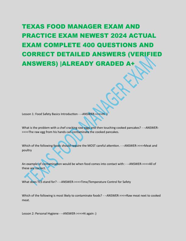 TEXAS FOOD MANAGER EXAM AND PRACTICE EXAM NEWEST 2024 ACTUAL EXAM COMPLETE 400 QUESTIONS AND CORRECT DETAILED ANSWERS.pdf