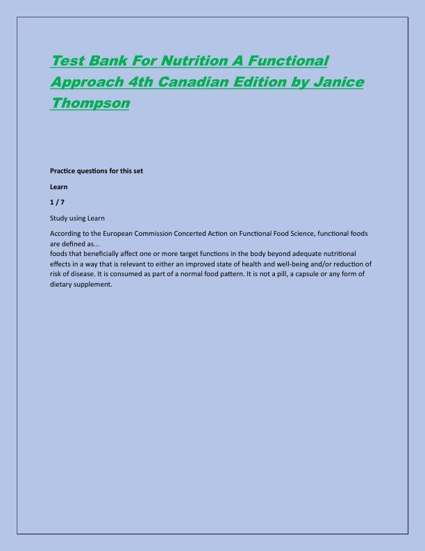 Test Bank For Nutrition A Functional Approach 4th Canadian Edition by Janice Thompson.pdf