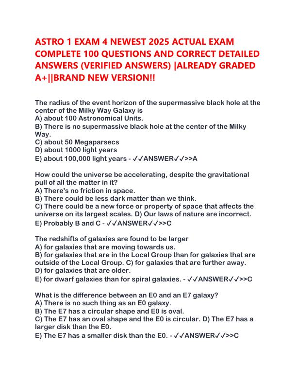 ASTRO 1 EXAM 4 NEWEST 2025 ACTUAL EXAM COMPLETE 100 QUESTIONS AND CORRECT DETAILED ANSWERS.pdf