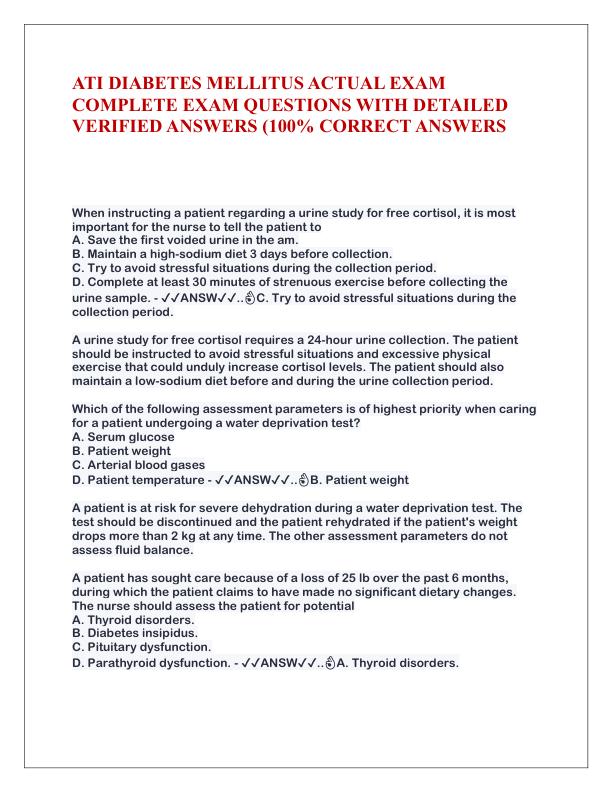 ATI DIABETES MELLITUS ACTUAL EXAM COMPLETE EXAM QUESTIONS WITH DETAILED VERIFIED ANSWERS.pdf